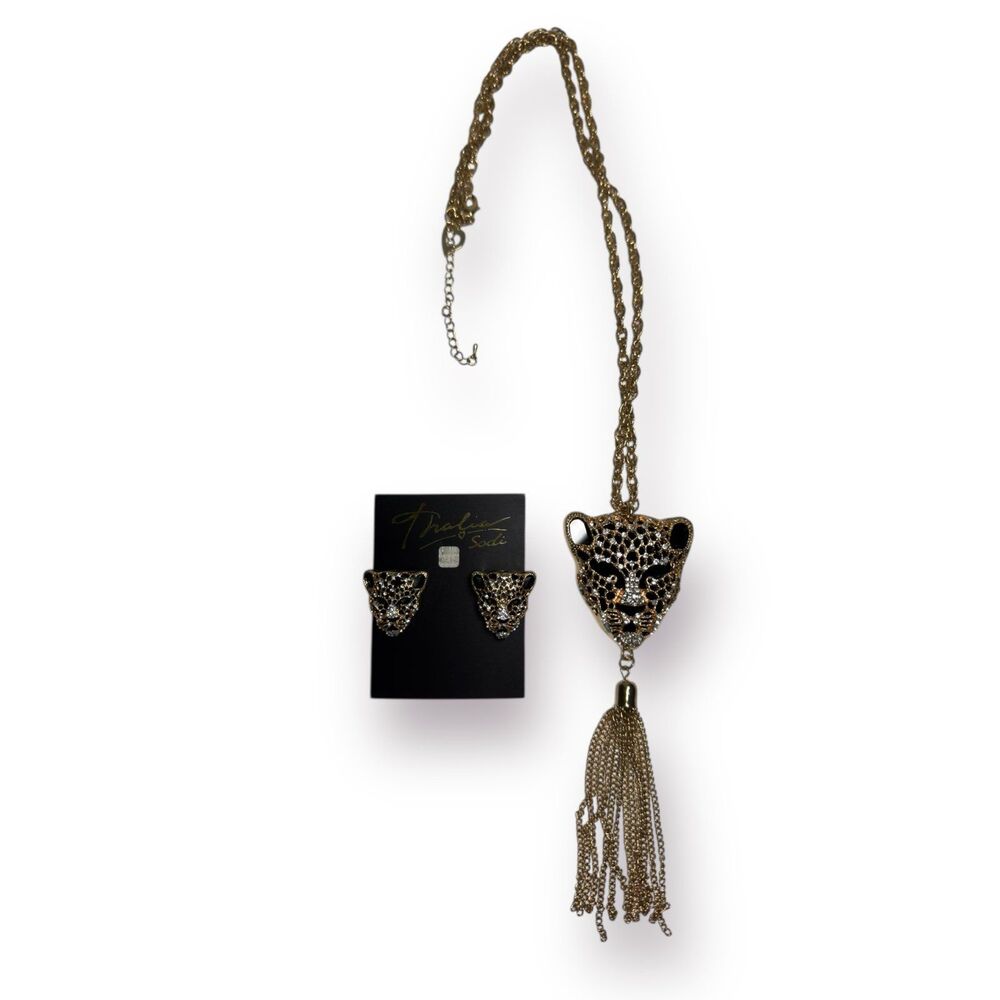 Thalia Soda Gold & Black Jaguar Rhinestone Necklace & Earrings Boho Chic Vintage